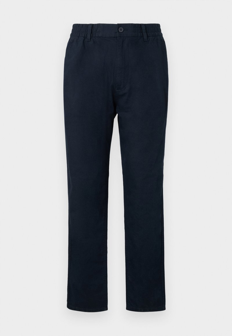 Navy Chinos mit einem elastischen Bund, einem Frontknopfverschluss und einem geraden Bein. Glatte Textur ohne sichtbare Muster.