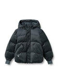 Dunkelgraue, gepolsterte Jacke aus Cord und Nylon, ausgestattet mit einer Kapuze, elastischen Bündchen, gestreiften Details und großen Taschen auf der Vorderseite.