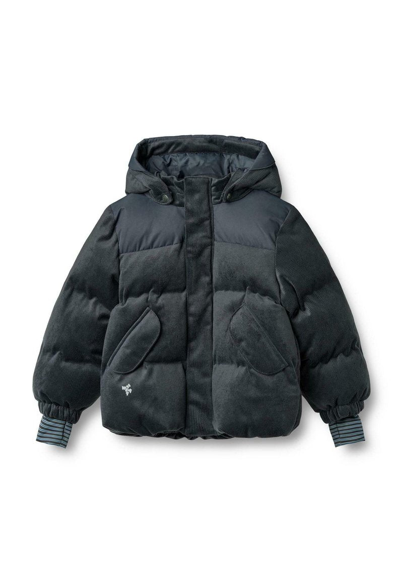 Dunkelgraue, gepolsterte Jacke aus Cord und Nylon, ausgestattet mit einer Kapuze, elastischen Bündchen, gestreiften Details und großen Taschen auf der Vorderseite.