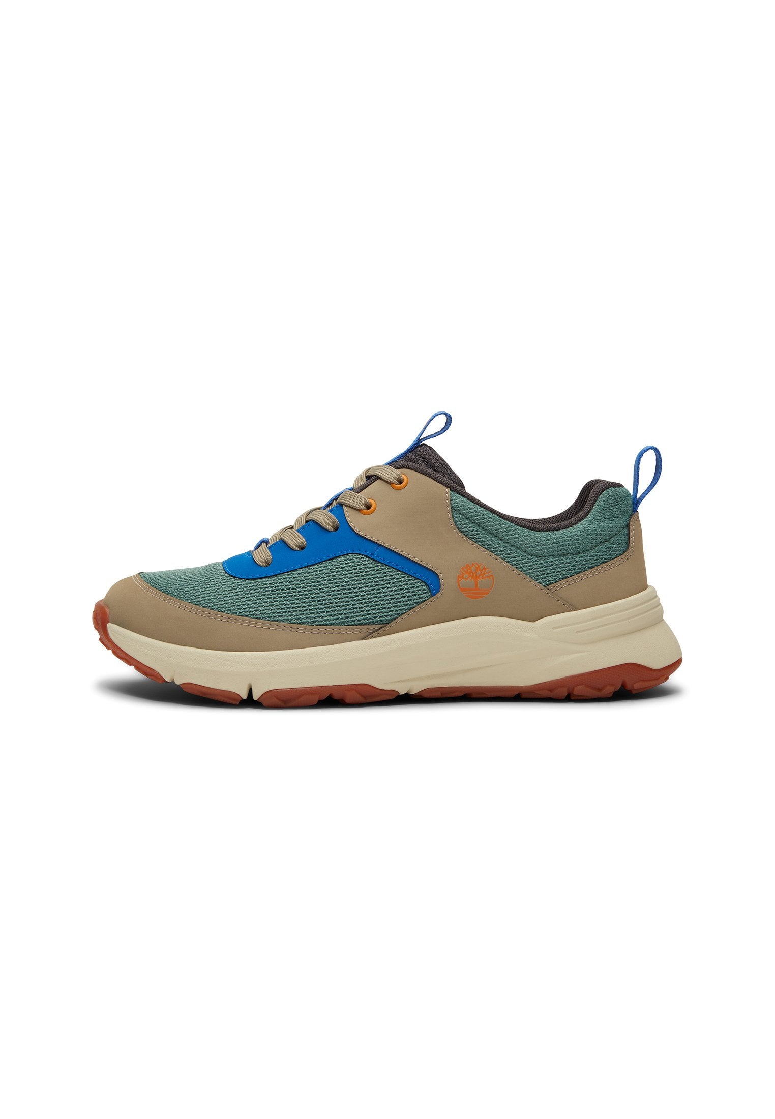 Sneaker mit beigem Leder und grünem Mesh-Obermaterial, blauen Akzenten, braunen Schnürsenkeln, gedämpfter Zwischensohle und einer strukturierten Gummisohle.