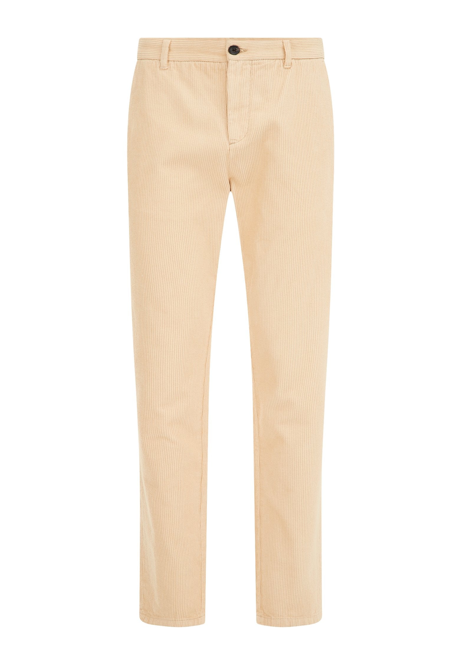 Beige Cord-Hosen mit geradem Schnitt, ausgestattet mit einem Knopfverschluss, Gürtelschlaufen und vertikaler Rippstruktur für zusätzlichen Detailreichtum.
