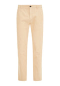 Beige Cord-Hosen mit geradem Schnitt, ausgestattet mit einem Knopfverschluss, Gürtelschlaufen und vertikaler Rippstruktur für zusätzlichen Detailreichtum.
