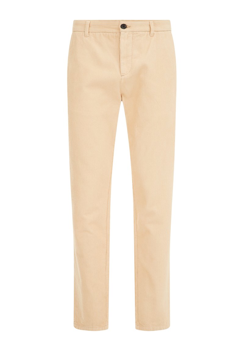 Beige Cord-Hosen mit geradem Schnitt, ausgestattet mit einem Knopfverschluss, Gürtelschlaufen und vertikaler Rippstruktur für zusätzlichen Detailreichtum.