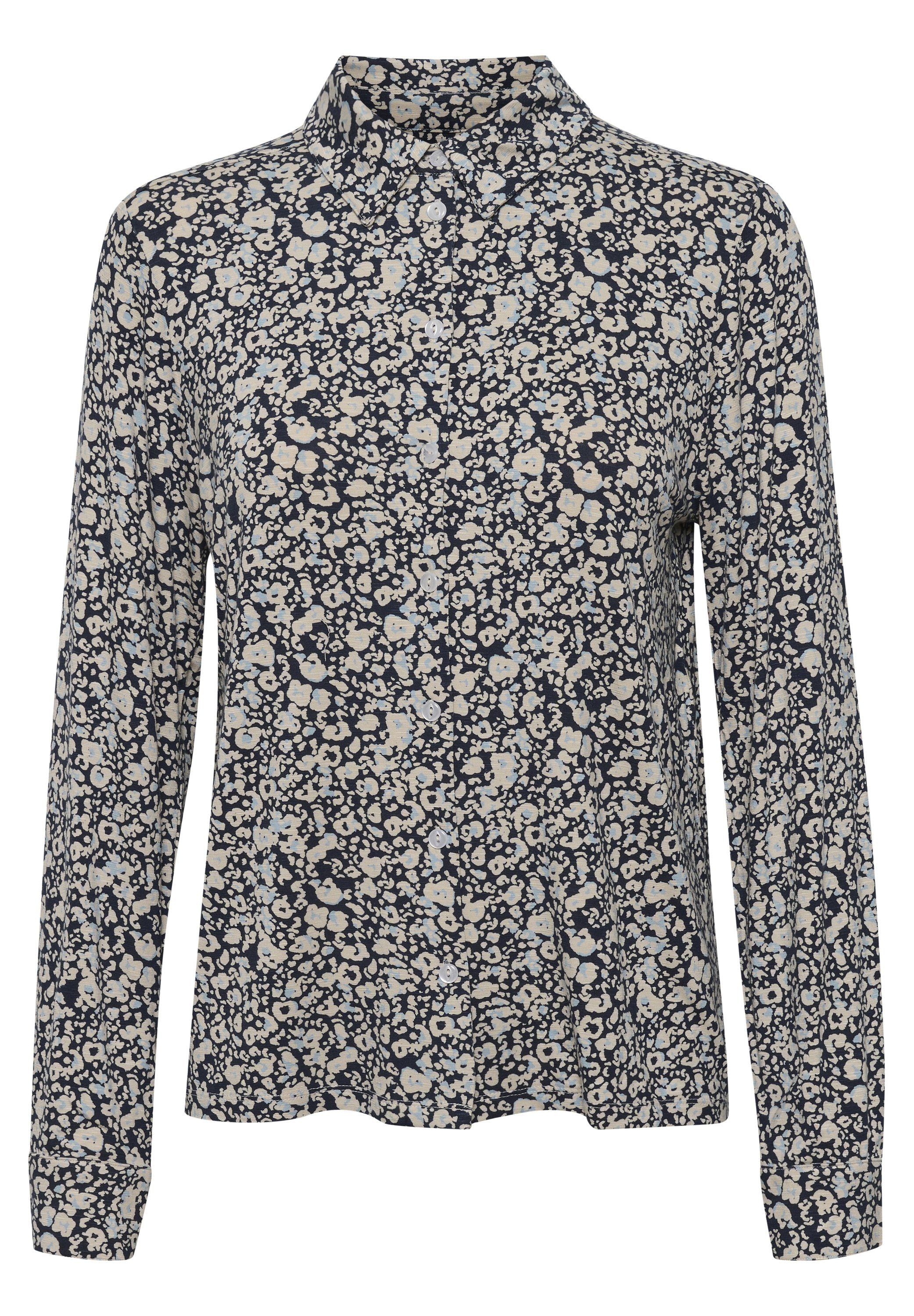 Langarm-Hemd mit knopflosem Kragen, navyblauem Hintergrund und beige sowie hellblauem Blumenmuster, mit klassischem Kragen und gefütterten Ärmeln.