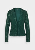 Grüner Pailletten-Blazer mit Reverskragen, offenem Vorderteil und langen Ärmeln. Strukturierte Oberfläche mit glänzenden Pailletten für einen funkelnden Effekt.