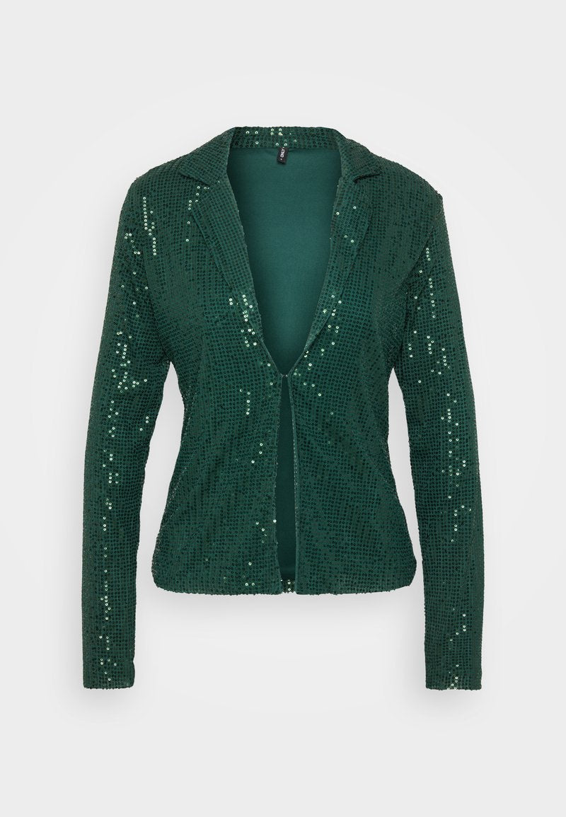 Grüner Pailletten-Blazer mit Reverskragen, offenem Vorderteil und langen Ärmeln. Strukturierte Oberfläche mit glänzenden Pailletten für einen funkelnden Effekt.