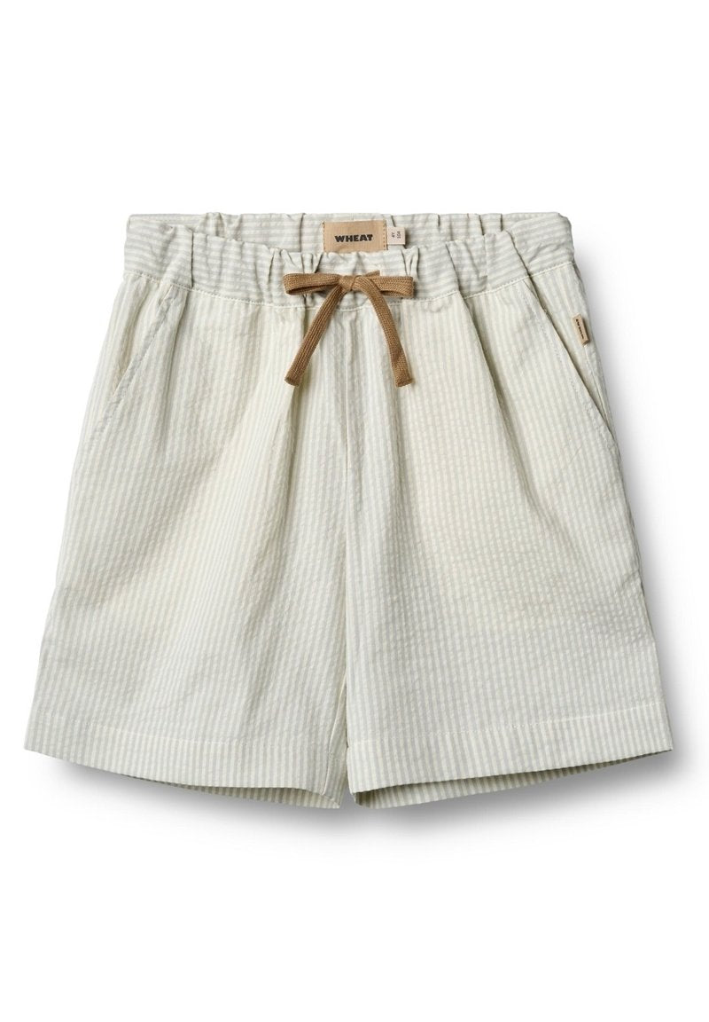 Helle grüne und weiße gestreifte Shorts mit einem elastischen Bund, Kordelzug und Seitentaschen, aus weichem, strukturiertem Stoff hergestellt.
