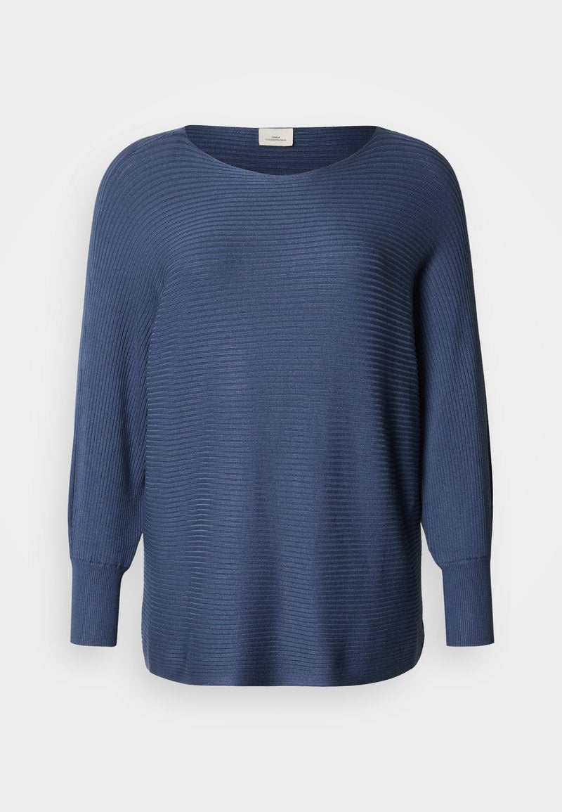 Marineblauer, gerippter Pullover mit weitem Ausschnitt und langen, leicht aufgepufften Ärmeln. Hergestellt aus einem weichen, strukturierten Material. Legere Passform.