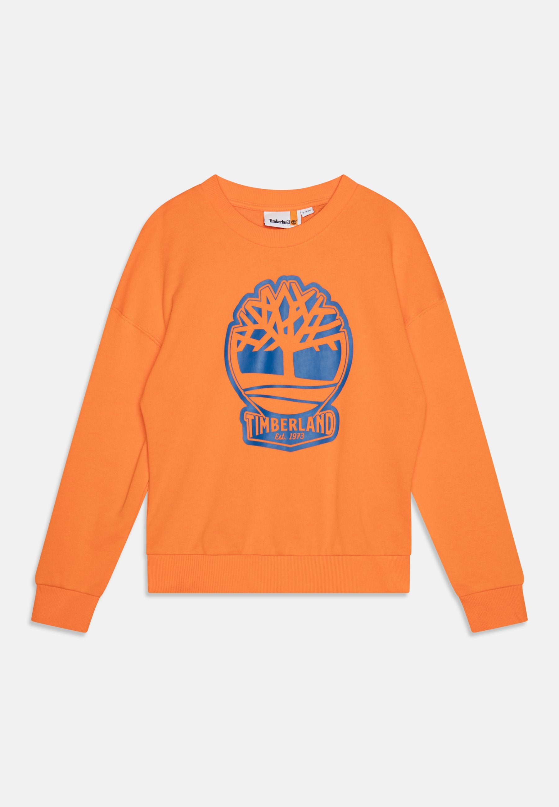 Oranger Pulli mit blauer Grafik eines stilisierten Baums und Logo-Text. Aus Baumwolle gefertigt, mit lockerer Passform und gerippten Bündchen.