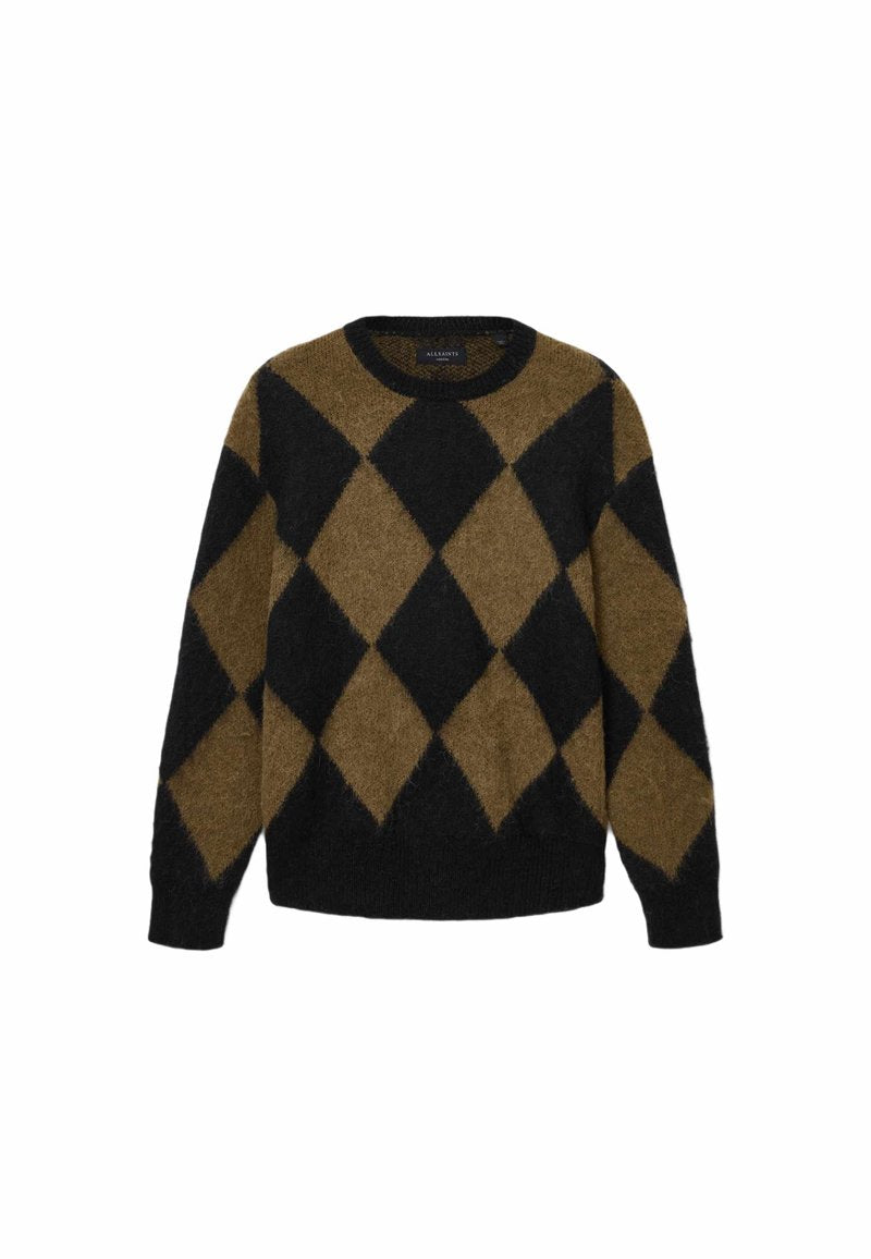 Sweater im schottischen Karomuster in Schwarz und Braun, aus flauschigem Strickmaterial. Rundhalsausschnitt und lange Ärmel; weiche Textur mit lässiger Passform.