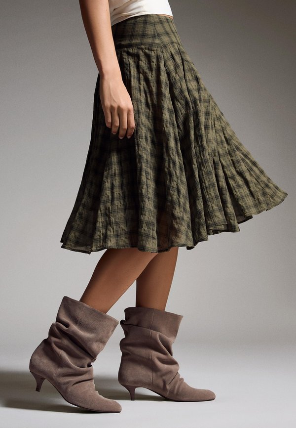 Bershka CHECKED FULL MIDI - A-line skirt - khaki