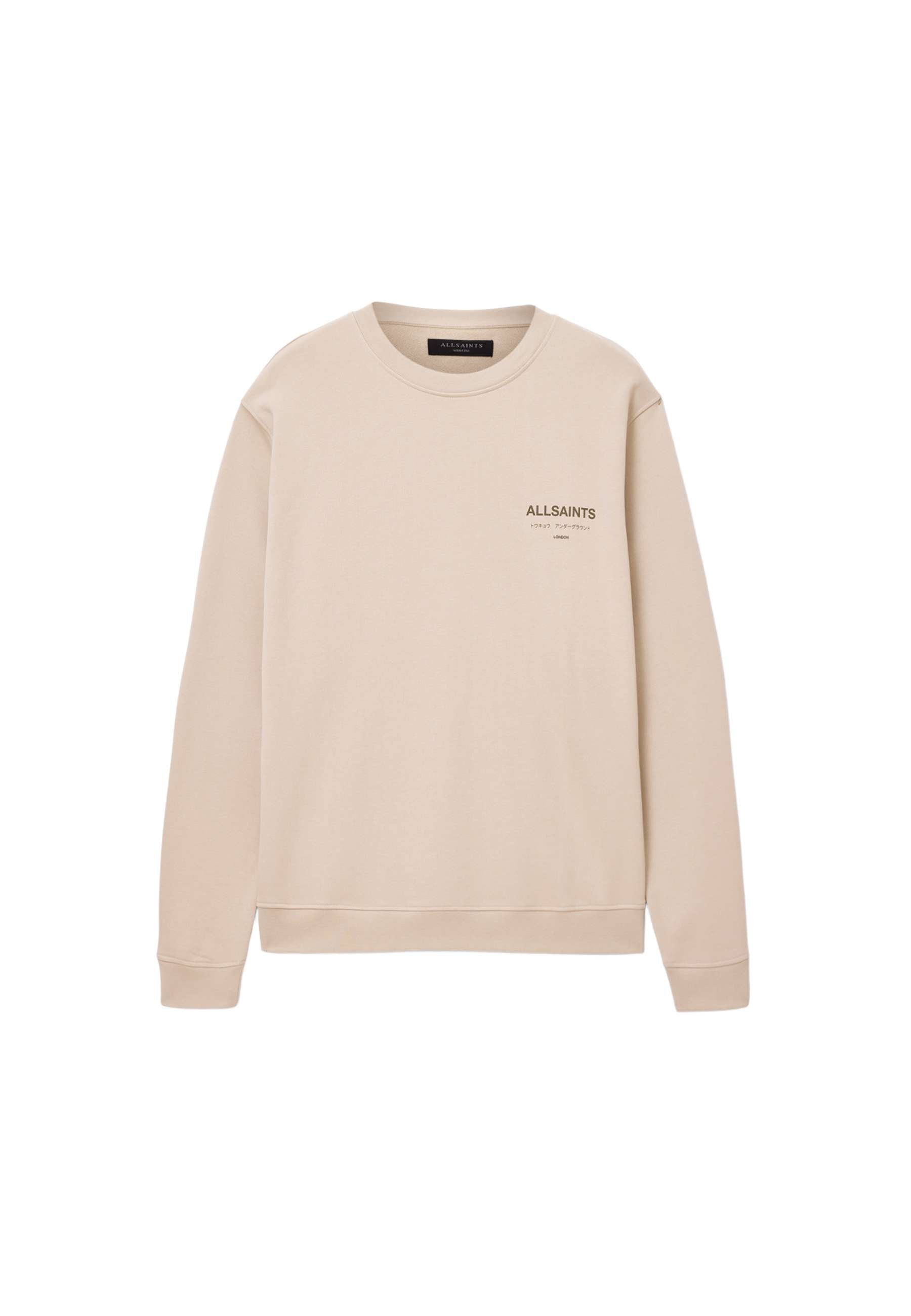 Beiger Langarm-Sweatshirt mit Rundhalsausschnitt, auf der linken Brust bedruckt mit "ALLSAINTS" und kleinem Text.