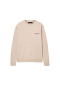 Beiger Langarm-Sweatshirt mit Rundhalsausschnitt, auf der linken Brust bedruckt mit "ALLSAINTS" und kleinem Text.