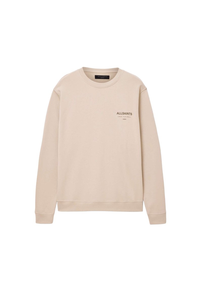 Beiger Langarm-Sweatshirt mit Rundhalsausschnitt, auf der linken Brust bedruckt mit "ALLSAINTS" und kleinem Text.