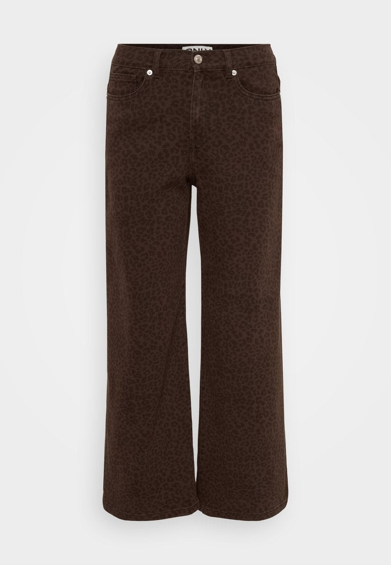 Braune weite Jeans mit einem dezenten Leopardenmuster. Aus Denim gefertigt, mit einem Fünf-Taschen-Design und einer Metallknopfverschluss.