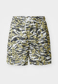 Schwimmshorts aus einem Netzmaterial, mit einem schwarz-gelben abstrakten Muster aus Streifen und Punkten. Elastischer Bund mit weißem Kordelzug.