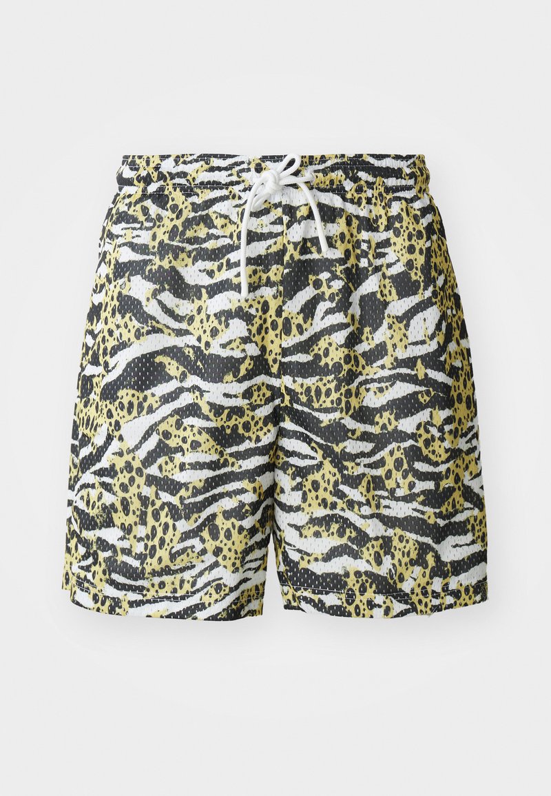 Schwimmshorts aus einem Netzmaterial, mit einem schwarz-gelben abstrakten Muster aus Streifen und Punkten. Elastischer Bund mit weißem Kordelzug.