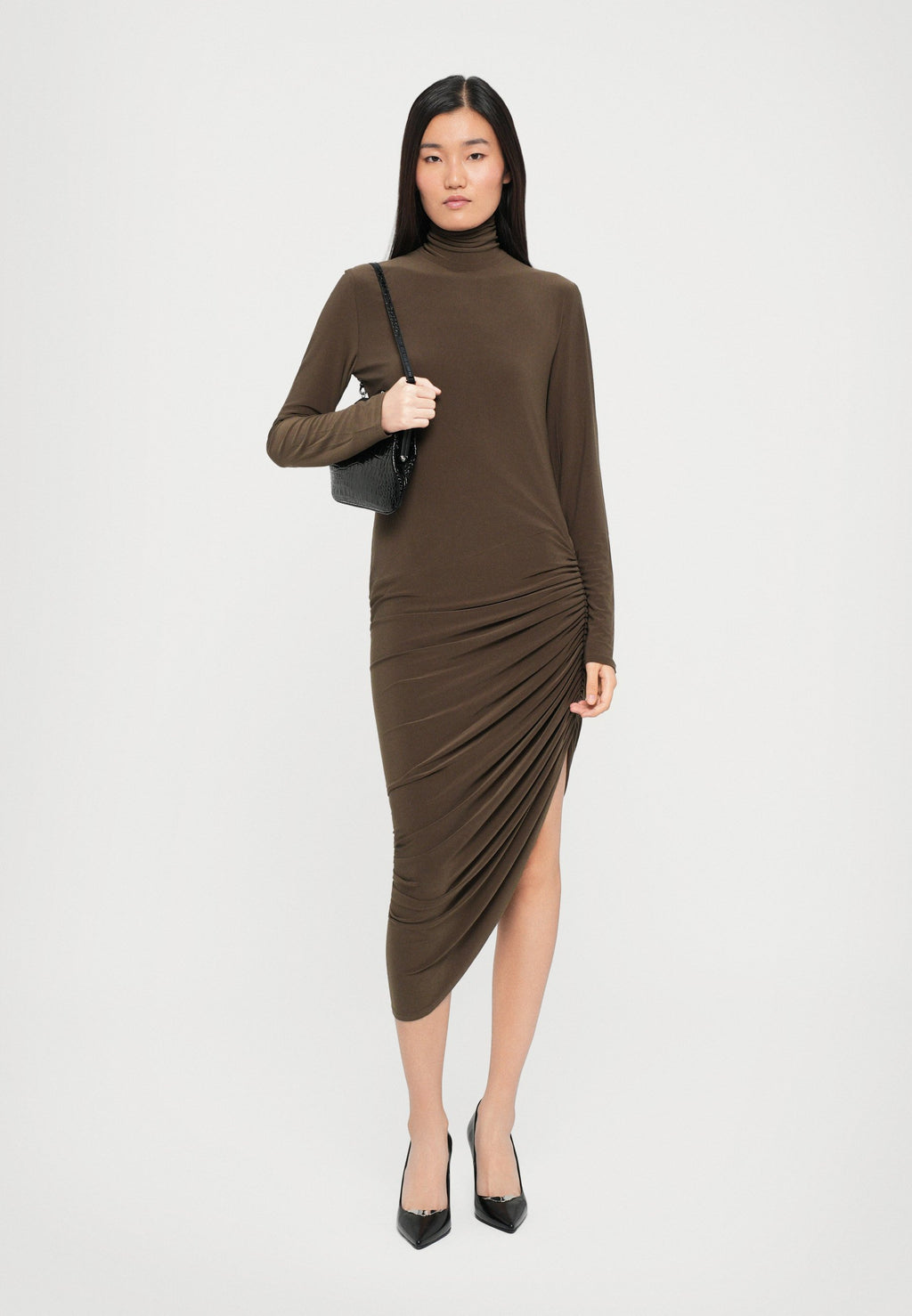 Norma Kamali LONG SLEEVE TURTLENECK SIDE DRAPE DRESS TO MIDCALF