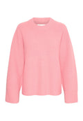 Rosa gestrickter Pullover mit langen Ärmeln, rundem Ausschnitt und geripptem Struktur. Der Saum ist leicht kürzer, was eine moderne Silhouette verleiht.