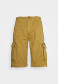 Gelbe Cargo-Shorts aus strapazierfähigem Material, mit zwei Seitentaschen mit Klappen, einem Reißverschluss und Gürtelschlaufen.