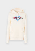Cremefarbener Kapuzenpulli mit einer frontalen Kängurutasche, ausgestattet mit einem blauen Herz-Grafik und dem Text "NEW YORK" in Rot. Der Stoff wirkt weich und lässig.