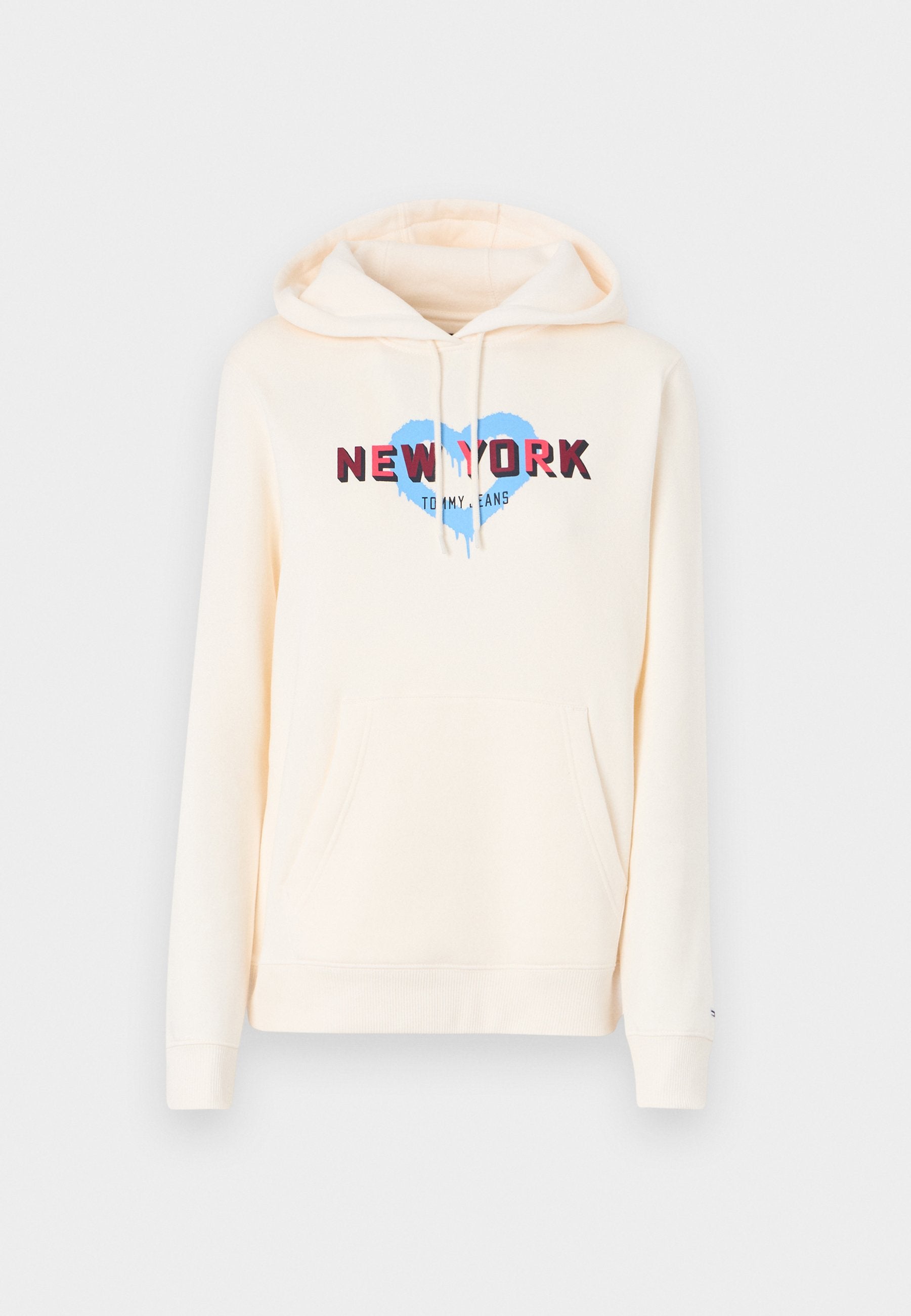 Cremefarbener Kapuzenpulli mit einer frontalen Kängurutasche, ausgestattet mit einem blauen Herz-Grafik und dem Text "NEW YORK" in Rot. Der Stoff wirkt weich und lässig.
