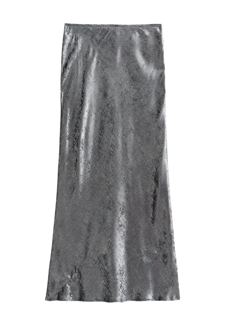 Grauer Maxirock mit Schlangenprint, glatter, glänzender Textur und ausgestelltem Saum, mit einem dezenten Glanz und elastischem Bund.