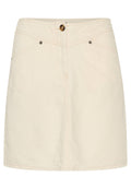 Beige Denim-Rock mit geradem Schnitt, Knopfverschluss und kontrastierenden Nähten. Enthält zwei Fronttaschen und dezente Hardware-Details.