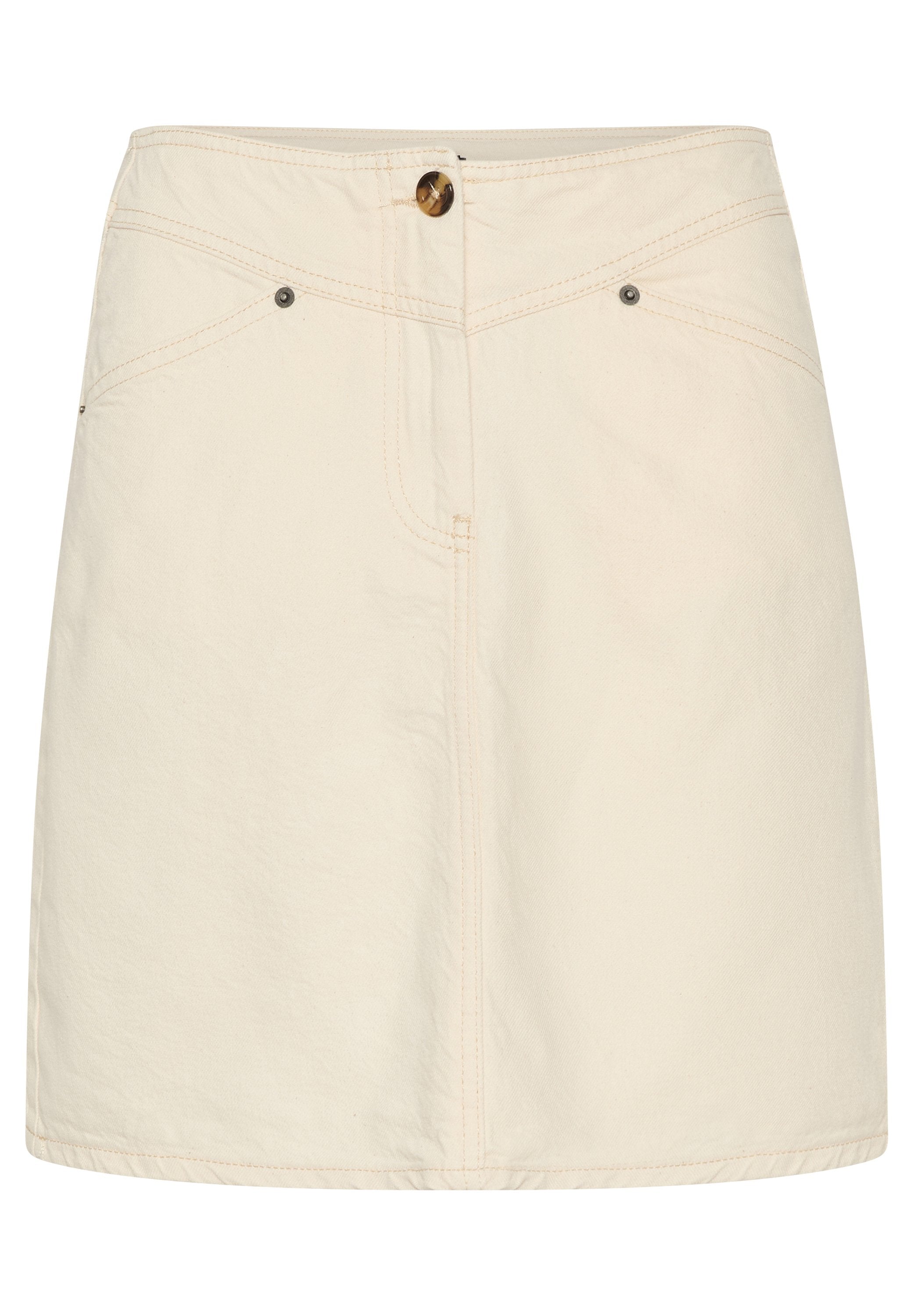 Beige Denim-Rock mit geradem Schnitt, Knopfverschluss und kontrastierenden Nähten. Enthält zwei Fronttaschen und dezente Hardware-Details.