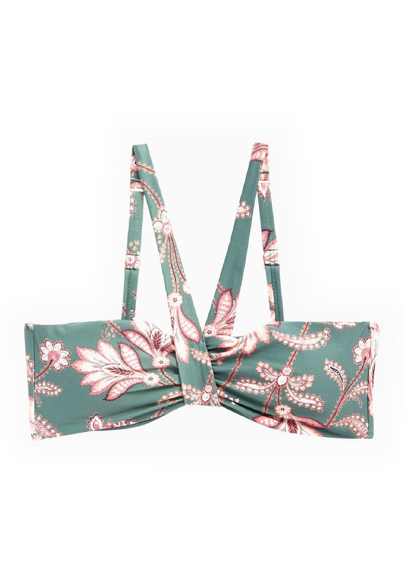 Grüner Bikini-Oberteil mit floralem Muster, geknoteter Mitte, verstellbaren Trägern und einer glatten Stofftextur, die rosa und weiße Blumenakzente aufweist.