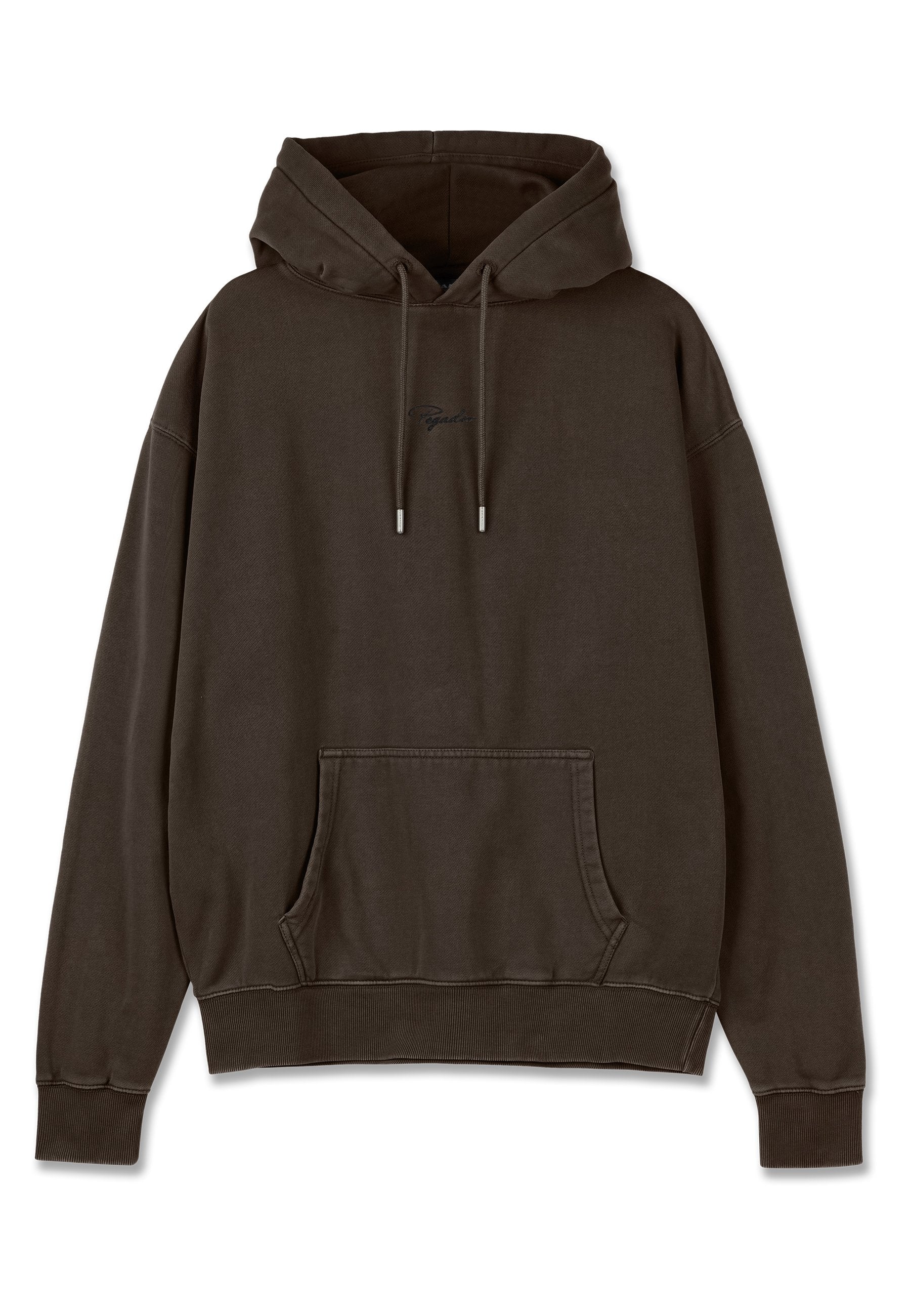 Brauner Baumwoll-Hoodie mit einer Fronttasche, Kordelzugkapuze und gerippten Abschlüssen an den Ärmeln und am Saum. Dezentes Logo in der Nähe des Halsausschnitts.