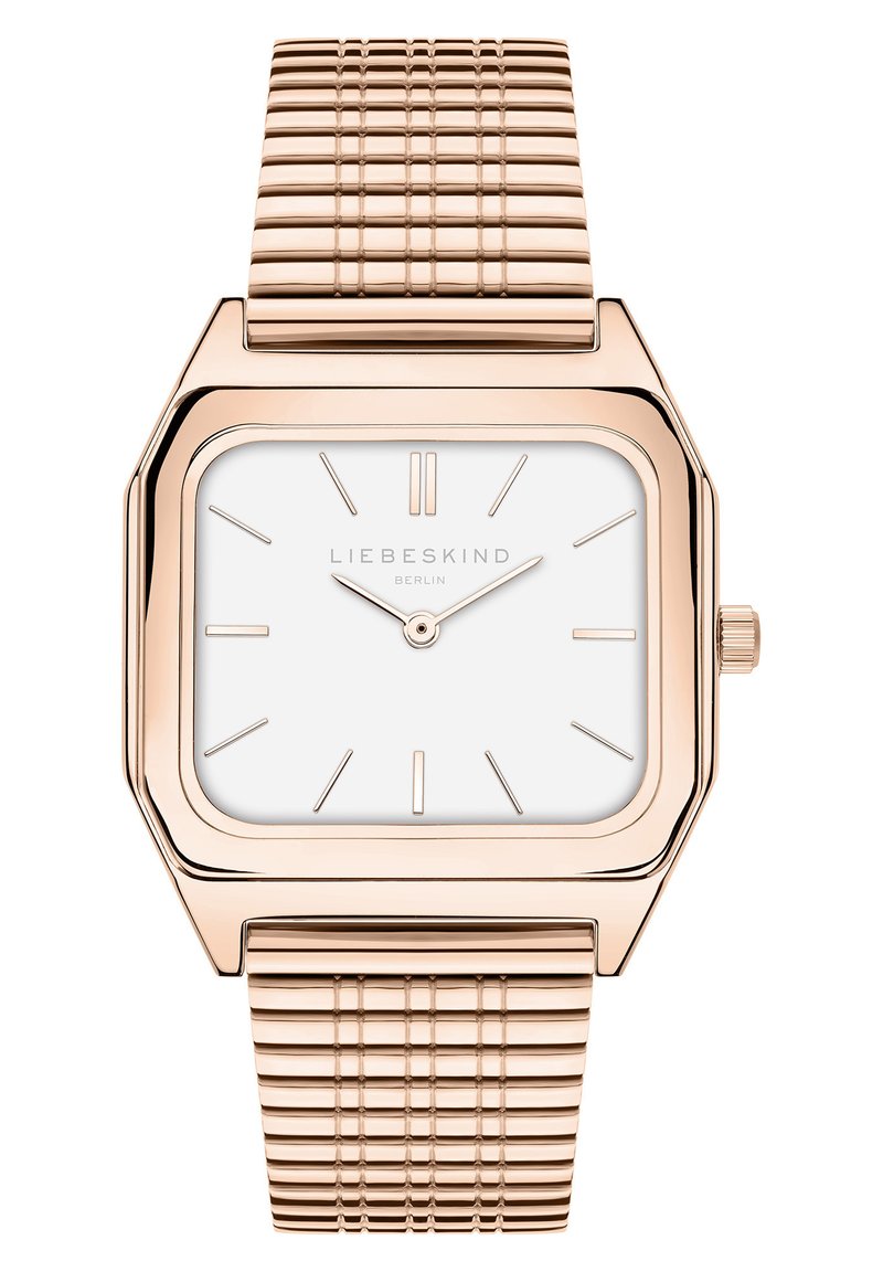 Roségoldene Armbanduhr mit quadratischem Gehäuse, weißem Zifferblatt, minimalistischen Stundenmarkierungen und strukturiertem Metallarmband. Markenname auf dem Zifferblatt sichtbar.