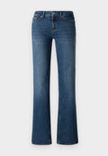 Dunkelblaue Denim-Jeans mit einem ausgestellten Bein-Design, das subtile Auswaschungen und abgenutzte Details in der Nähe der Oberschenkel- und Kniebereiche aufweist.