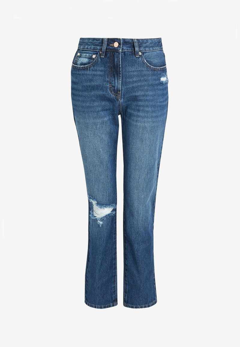 Blaue High-Waist-Jeans mit abgenutzten Patches am rechten Oberschenkel und linken Knie, klassisches Fünf-Taschen-Design und vorderem Knopfverschluss.