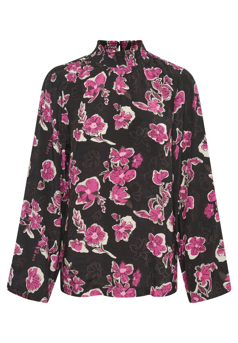 Schwarze Stoffbluse mit langen Ärmeln, die einen hochgerafften Kragen und ein florales Muster in Pink und Weiß aufweist.