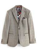 Blazer im hellgrauen Hahnentrittmuster, mit braunen Akzenten, mit eingesteppten Revers und einem floral gemusterten Futter sowie einem Einstecktuch.