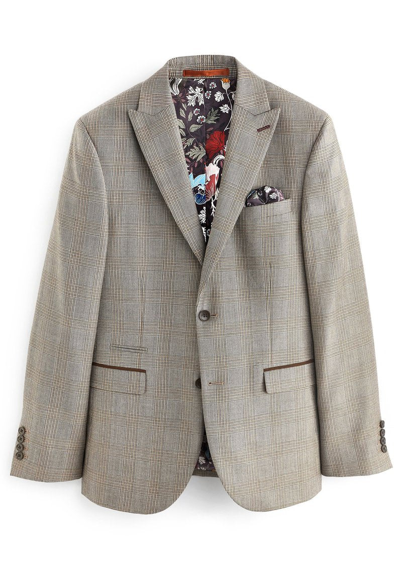 Blazer im hellgrauen Hahnentrittmuster, mit braunen Akzenten, mit eingesteppten Revers und einem floral gemusterten Futter sowie einem Einstecktuch.