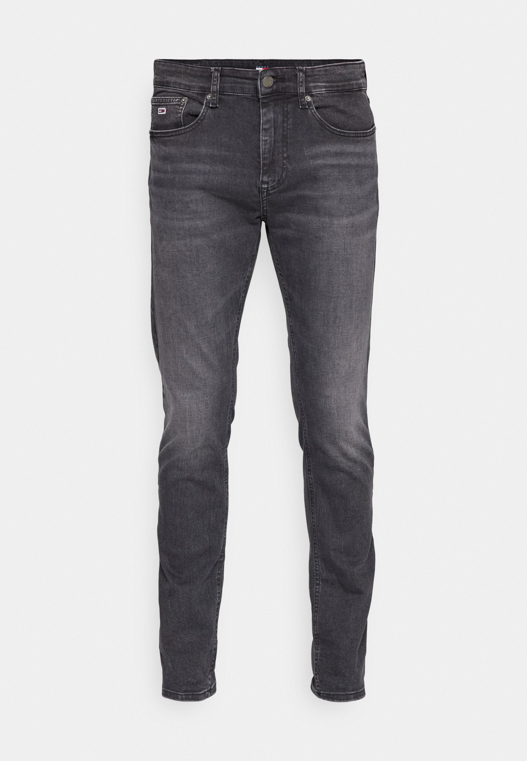 Herren Slim-Fit Dunkelgraue Jeans mit fünf Taschen und Knopfverschluss, versehen mit leichten Abnutzungserscheinungen und dezenten Ausbleichungen.