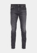 Herren Slim-Fit Dunkelgraue Jeans mit fünf Taschen und Knopfverschluss, versehen mit leichten Abnutzungserscheinungen und dezenten Ausbleichungen.