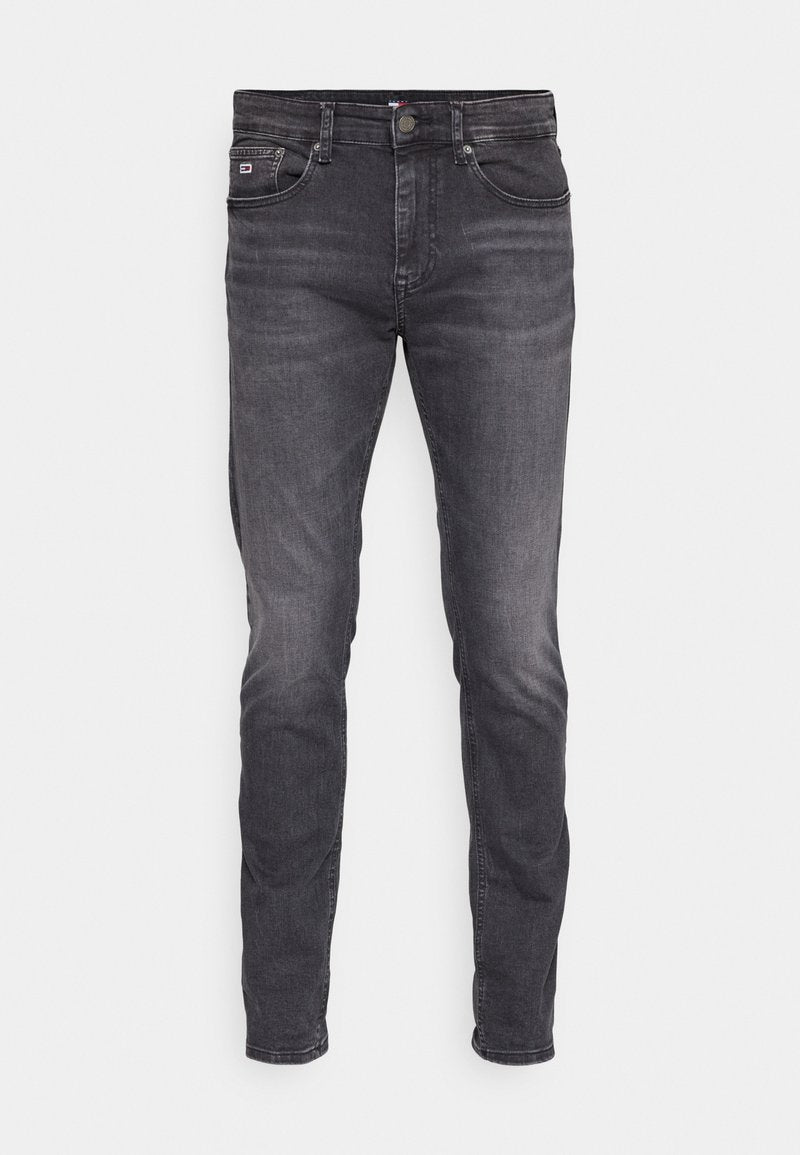 Herren Slim-Fit Dunkelgraue Jeans mit fünf Taschen und Knopfverschluss, versehen mit leichten Abnutzungserscheinungen und dezenten Ausbleichungen.