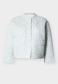Gesteppte, verkürzte Jacke mit langen Ärmeln, hellblauem Blumenmuster, rundem Halsausschnitt und zwei großen Fronttaschen.