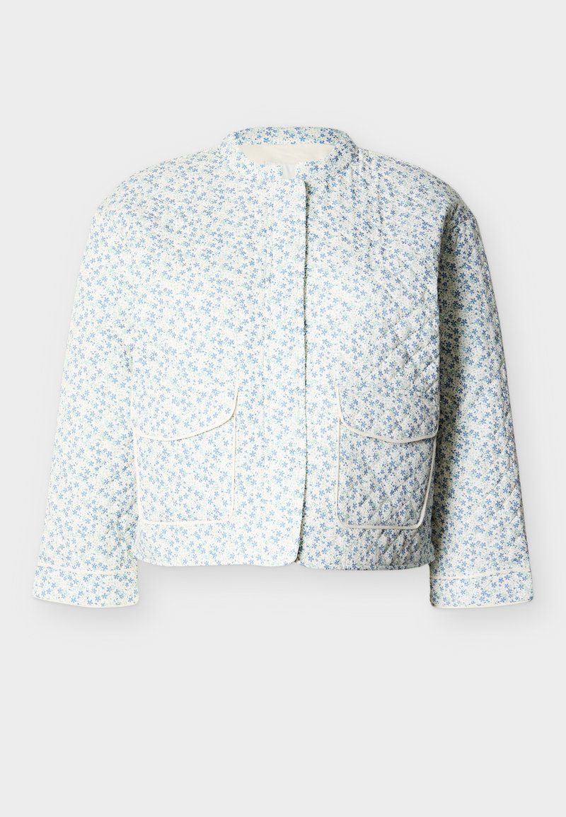 Gesteppte, verkürzte Jacke mit langen Ärmeln, hellblauem Blumenmuster, rundem Halsausschnitt und zwei großen Fronttaschen.