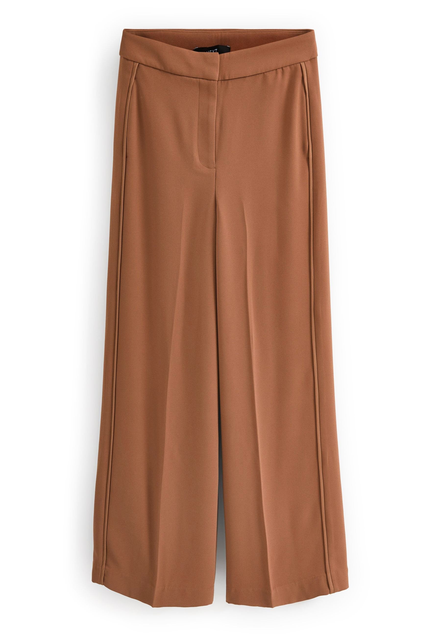 Helle braune weite Hosen mit Seitentaschen, hoher Taille und verdecktem frontalen Verschluss, vor einem weißen Hintergrund präsentiert.