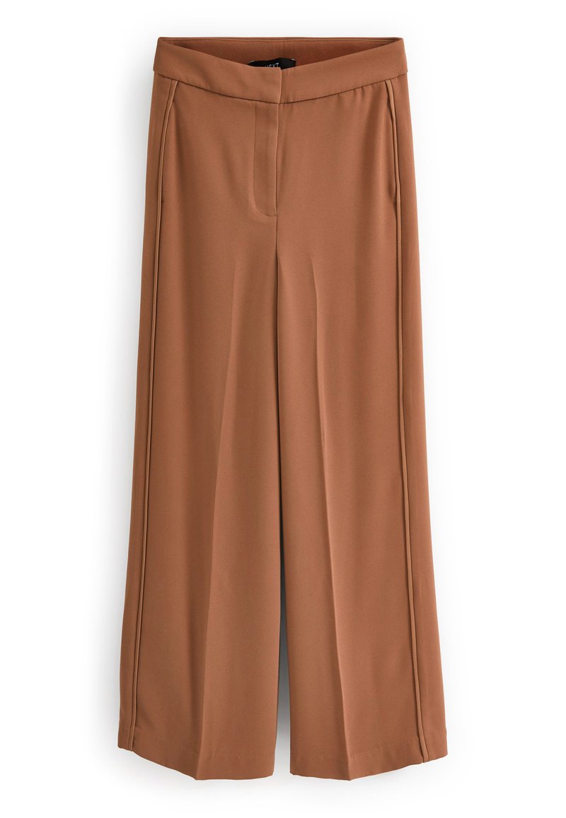 Helle braune weite Hosen mit Seitentaschen, hoher Taille und verdecktem frontalen Verschluss, vor einem weißen Hintergrund präsentiert.