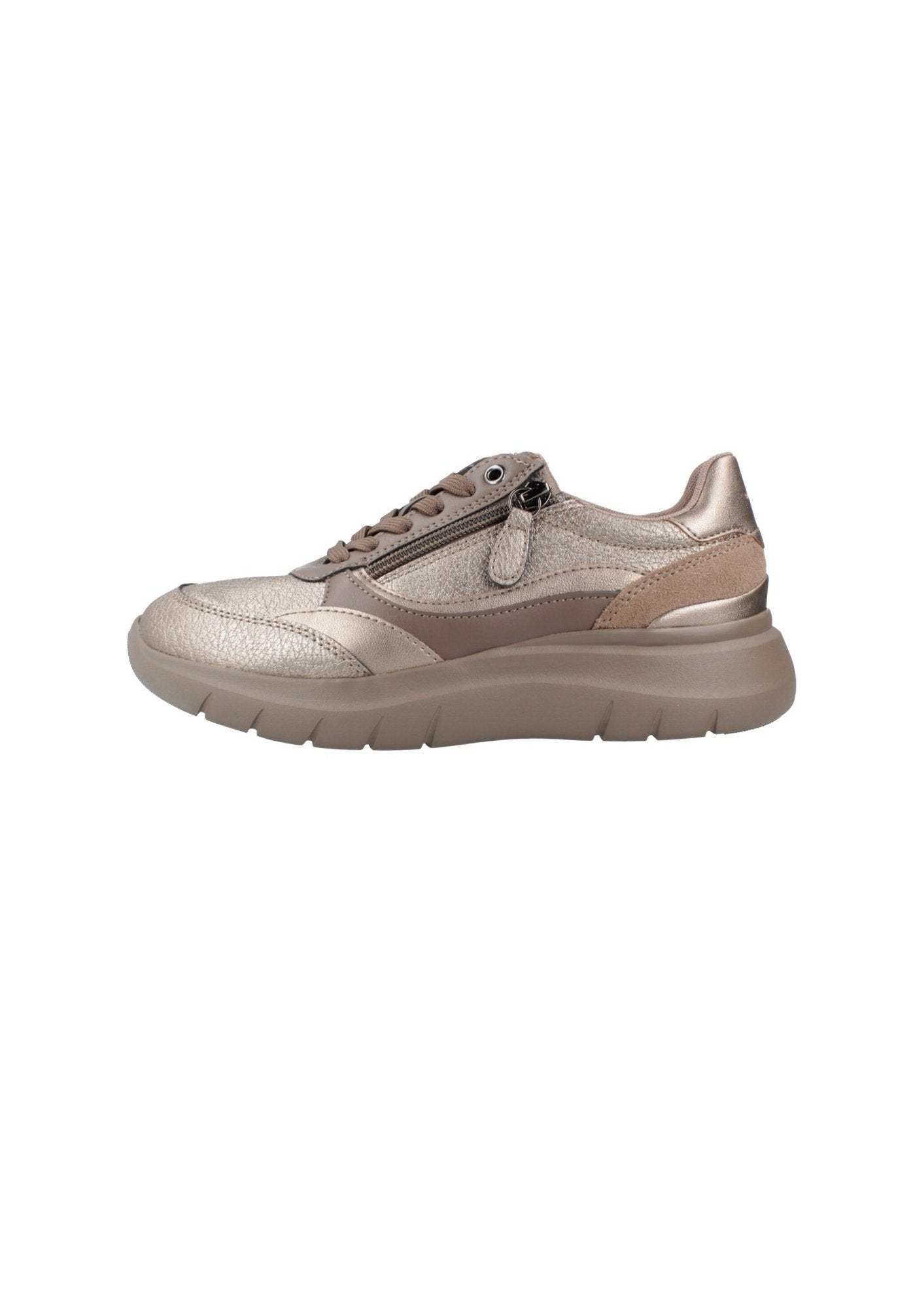 Metallic-beigefarbener Sneaker mit dicker Sohle, Schnürsenkeln, seitlichem Reißverschluss und Paneelen mit gemischter Textur aus Leder und Wildleder.