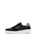 Schwarzer und grauer Sneaker mit niedrigem Schaft und weißer Sohle, "ALLSAINTS LONDON" Schriftzug an der Seite und schwarzen Schnürsenkeln.