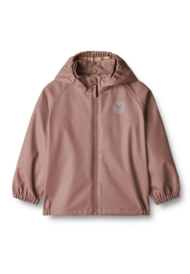 Kinder staubrosa Kapuzen-Regenjacke mit Frontreißverschluss, elastischen Bündchen und einem kleinen runden Logo auf der Brust.