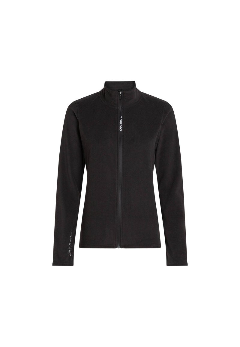 Schwarze Fleecejacke mit Zip-Verschluss, hohem Kragen und langen Ärmeln. Mit weißem Logo-Text auf der Vorderseite und dem Ärmel akzentuiert.