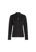Schwarze Fleecejacke mit Zip-Verschluss, hohem Kragen und langen Ärmeln. Mit weißem Logo-Text auf der Vorderseite und dem Ärmel akzentuiert.