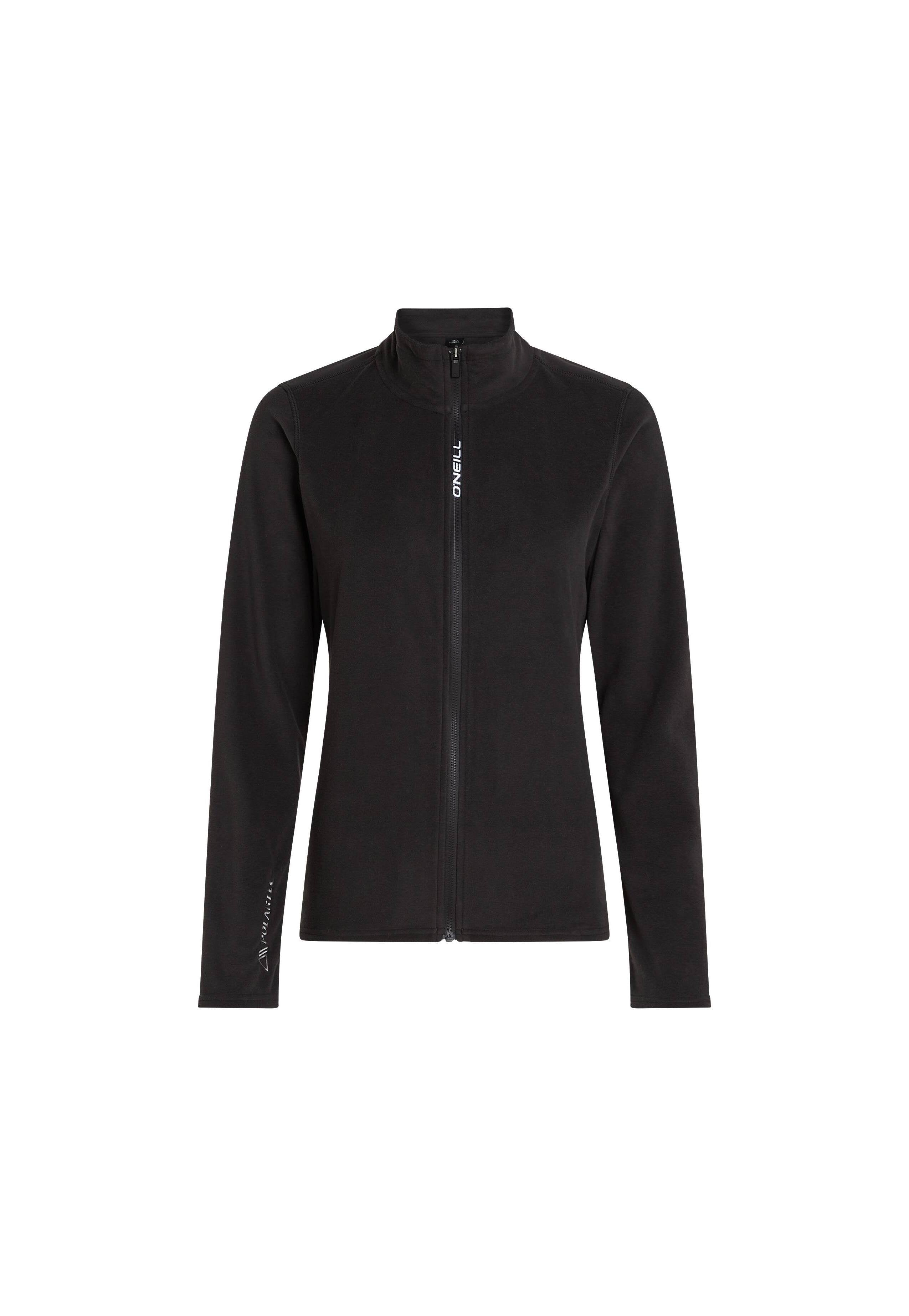Schwarze Fleecejacke mit Zip-Verschluss, hohem Kragen und langen Ärmeln. Mit weißem Logo-Text auf der Vorderseite und dem Ärmel akzentuiert.